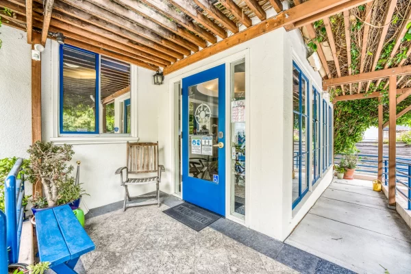 The entrance of a dental clinic featuring a blue door and matching blue-framed windows, accented by wooden trellises and greenery, with a rustic wooden chair and bench creating a welcoming atmosphere - Dentist in San Mateo